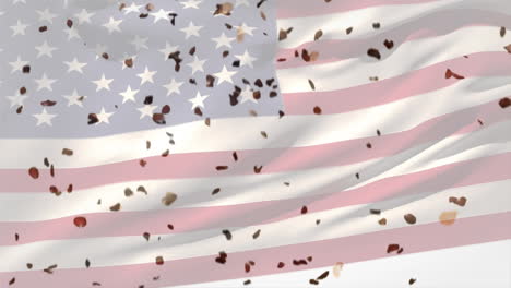 digital composition of confetti falling over american waving flag against white background