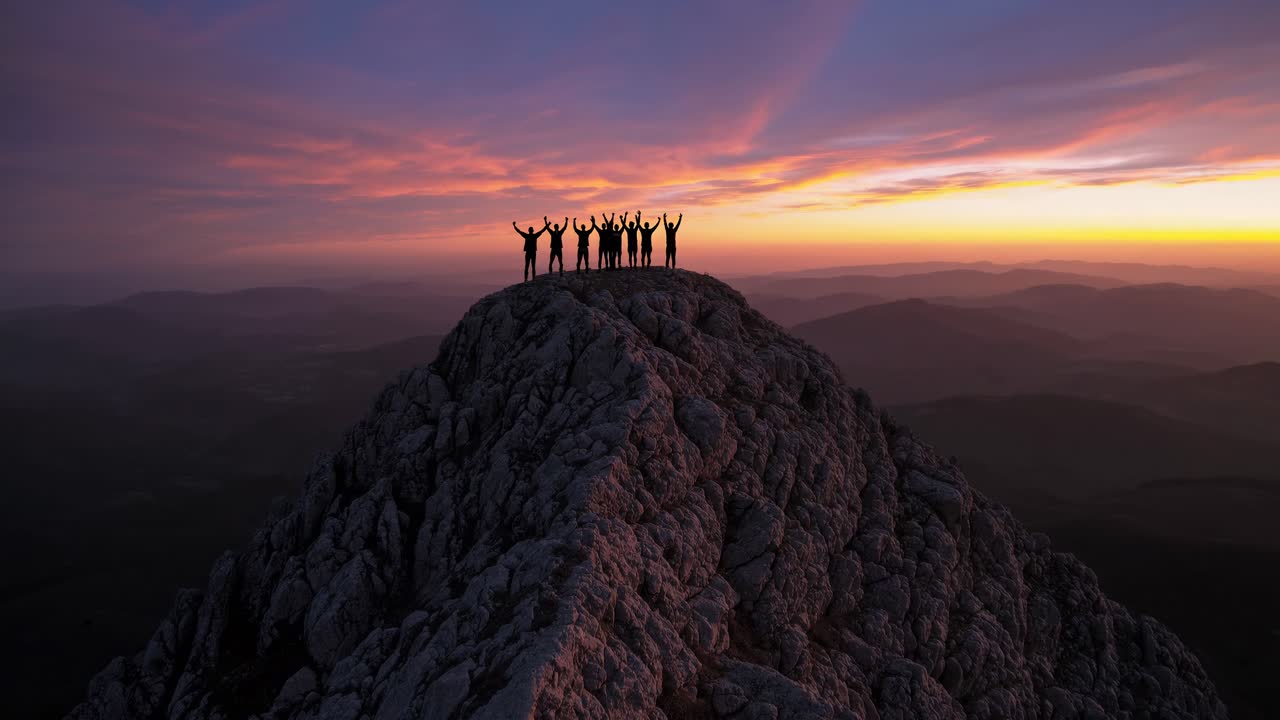 Aerial video captures a group silhouetted against a vibrant sunset atop a rocky peak