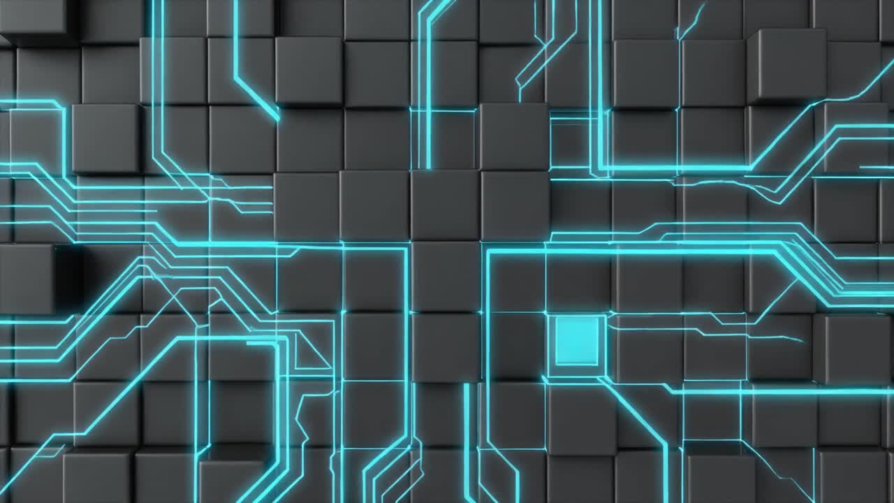 Animated Grid of Dark Cubes with Spreading Blue Circuitry