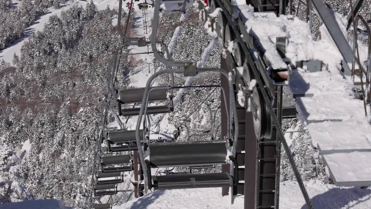 Ingranaggi meccanici di una seggiovia e seggiole vuote che si muovono su una foresta coperta di neve verso la vetta.