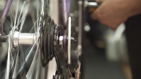 a bicycle mechanic adjusting the rear derailleur for gear shifting