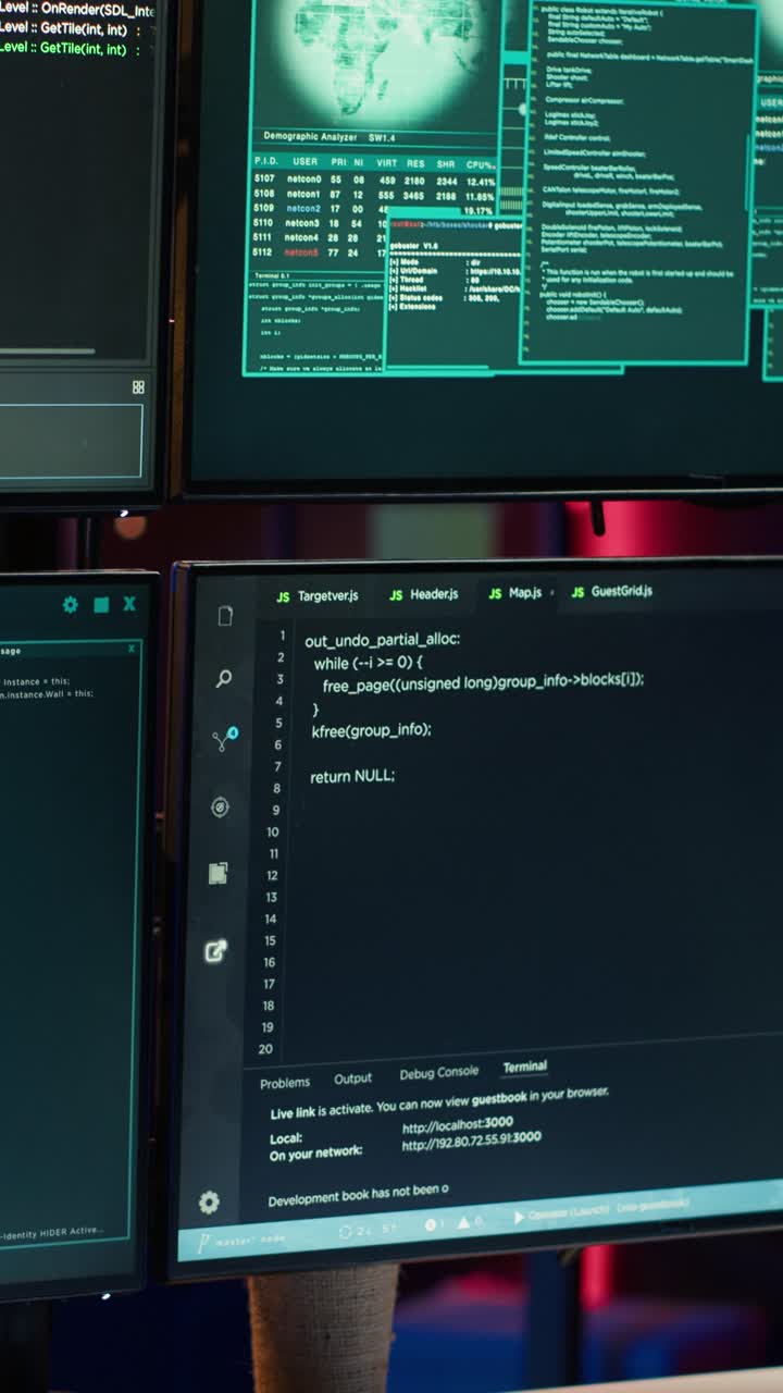 Vertical video Close up shot of dangerous hacking code running on computer system monitors