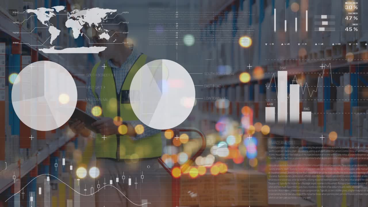 Animación de gráficos y datos financieros sobre un trabajador de almacén caucásico.