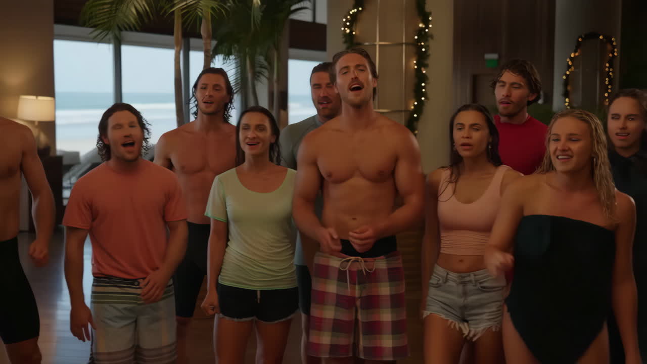 Group of people singing at a beach resort