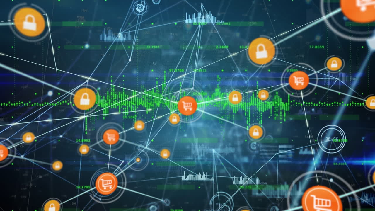 검은색 배경에 데이터 처리에 대한 아이콘으로 연결 네트워크의 애니메이션