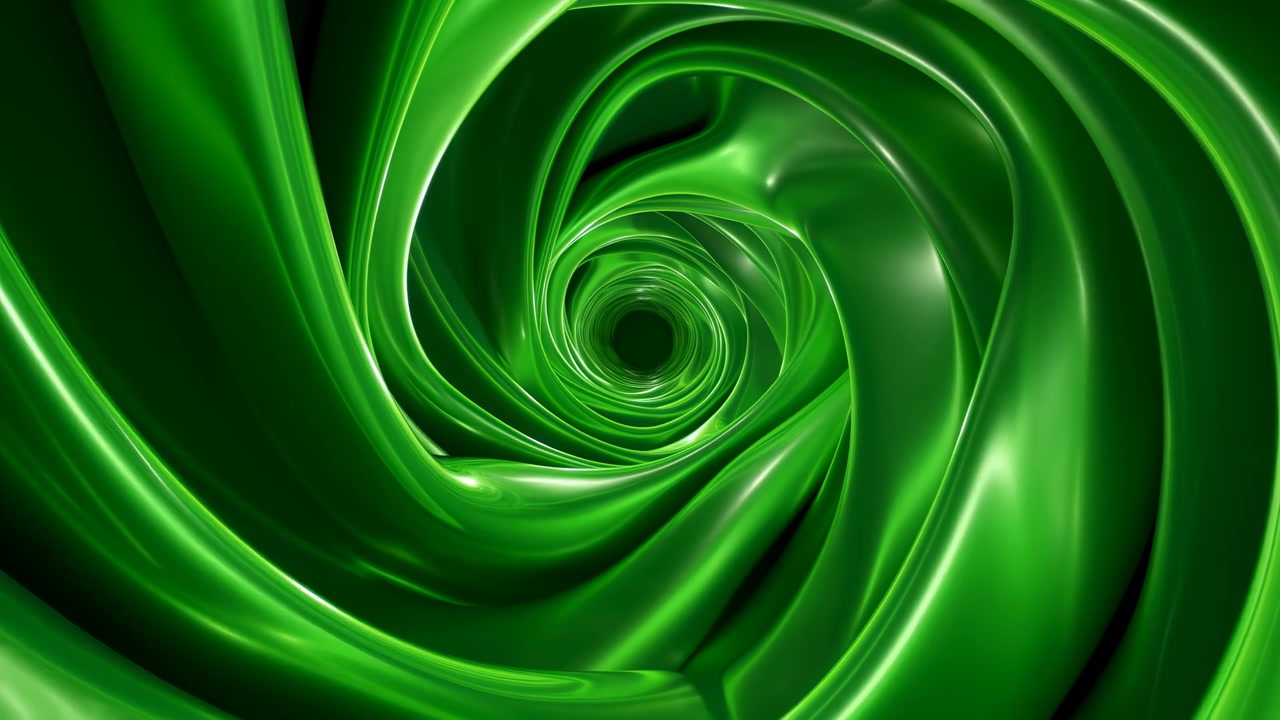 Shiny Green Swirl Forming Deep Tunnel With Liquid Silk Texture, Hypnotic Rotation, Glossy Reflections, Portal