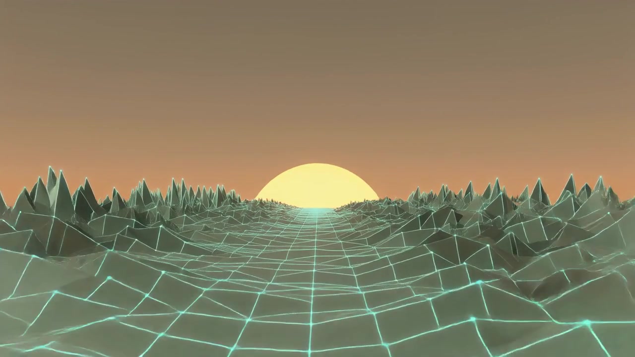 Retro Synthwave Style Digital Landscape with Rising Sun