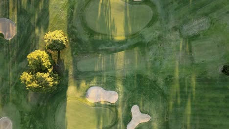 Aerial-descending-on-a-green-golf-playground-with-trees-and-sand-bunkers-at-golden-hour