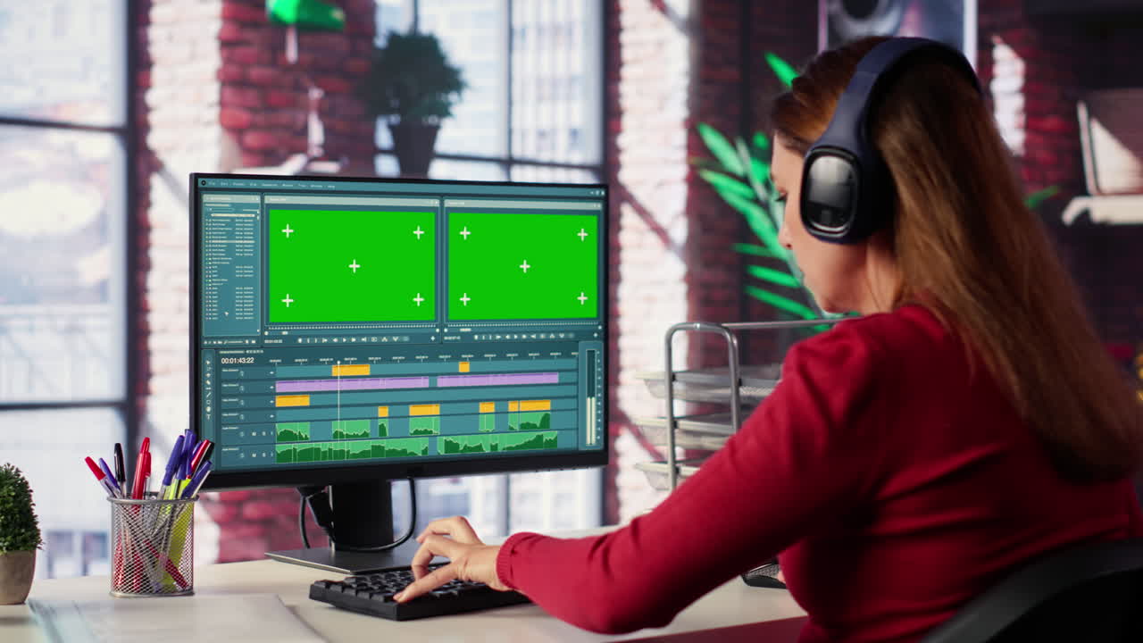 Woman editing video with green screen on computer