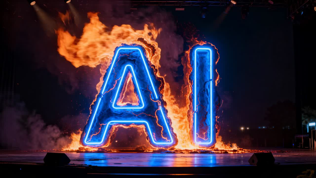 Grundlæggende pyroteknik antændes, blå neon AI-bogstaver udsender orange flammer på scenen som baggrund.