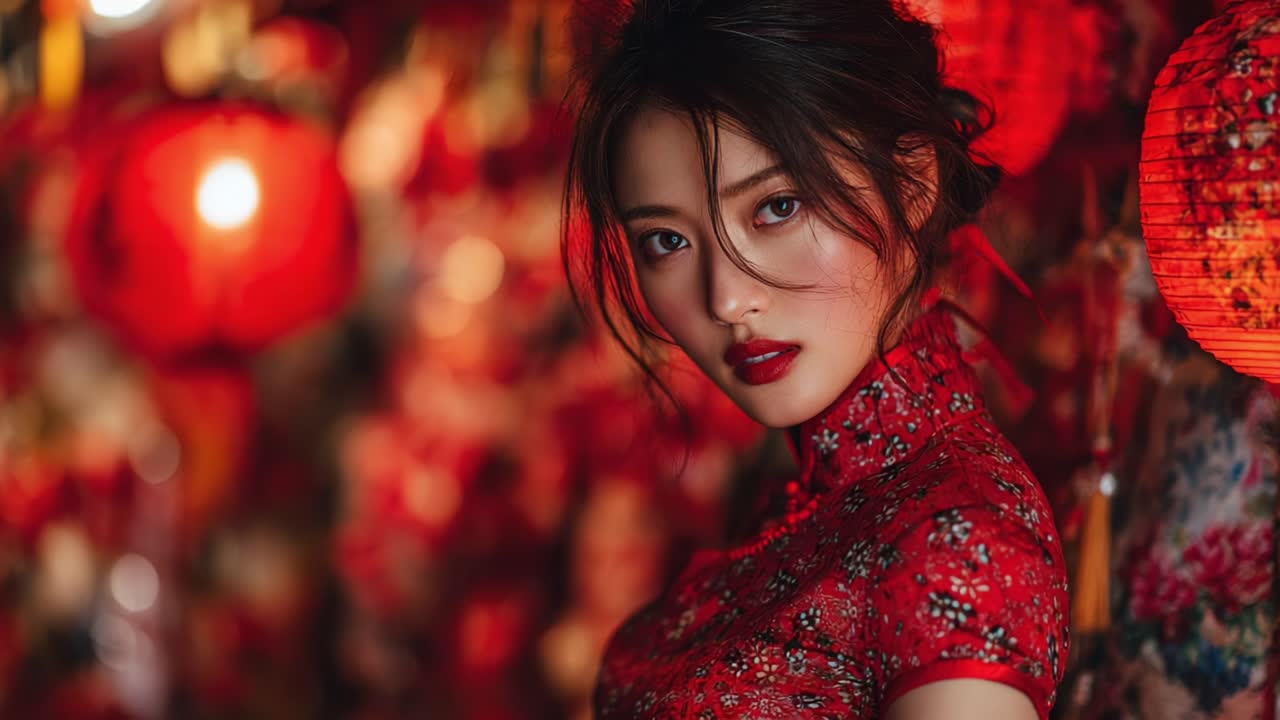 Un ritratto e un riflesso mozzafiato in rosso: una bellezza affascinante circondata da lanterne vivaci, che celebra la moda tradizionale e la celebrazione culturale