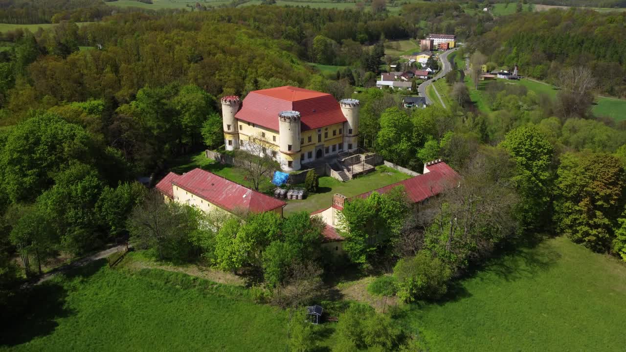 Aerial view of the female Castle. Czech castle on top of the hill. Divci Hrad, Czech Republic 4K