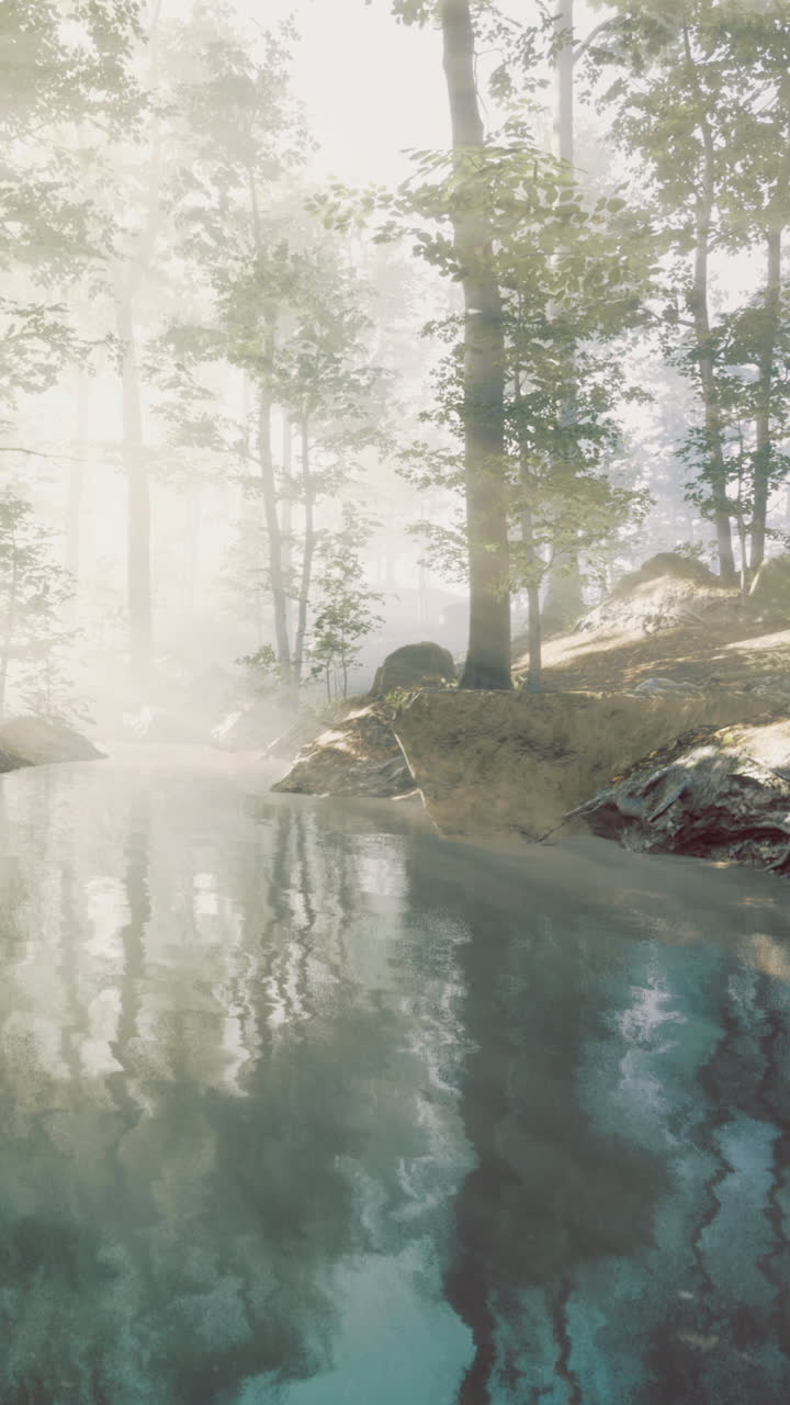 Misty morning in a tranquil forest with a shimmering stream