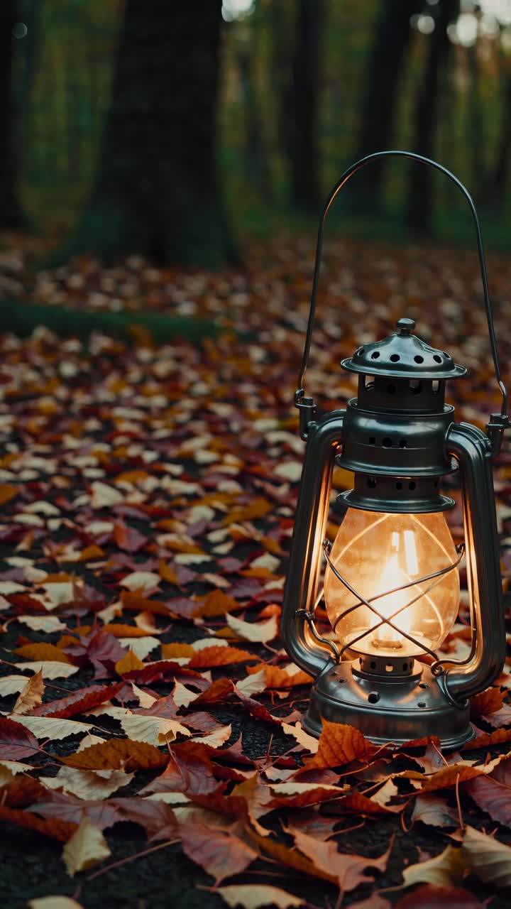 A vintage lantern glows warmly on a forest floor covered in autumn leaves
