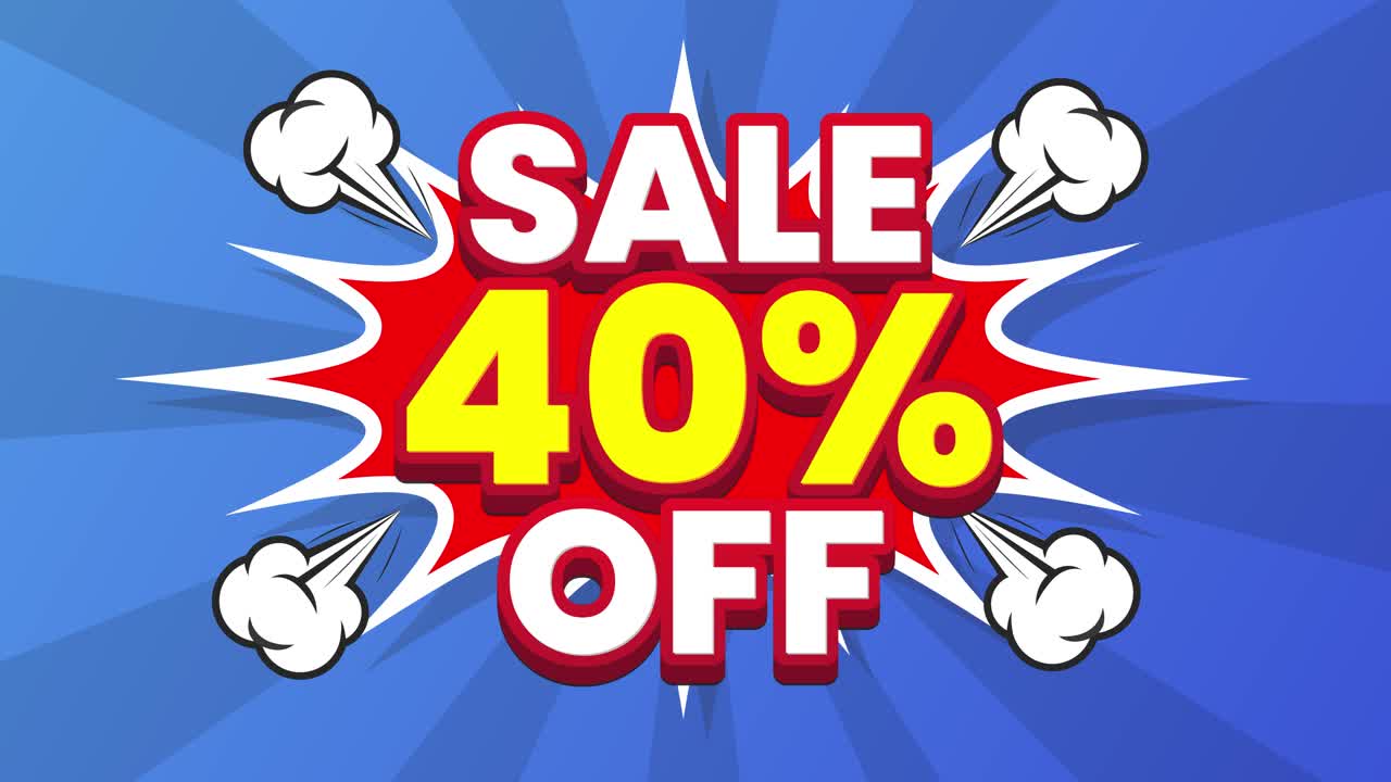 Tekst '40% korting' in pop-art animatiestijl, geïsoleerd op een stripachtergrond.