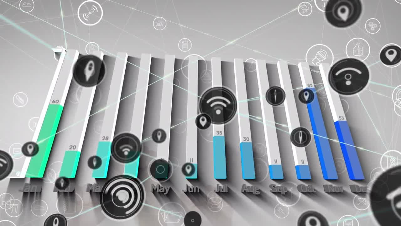animación de íconos conectados, gráfico y íconos múltiples en círculos sobre puños recortados de personas.