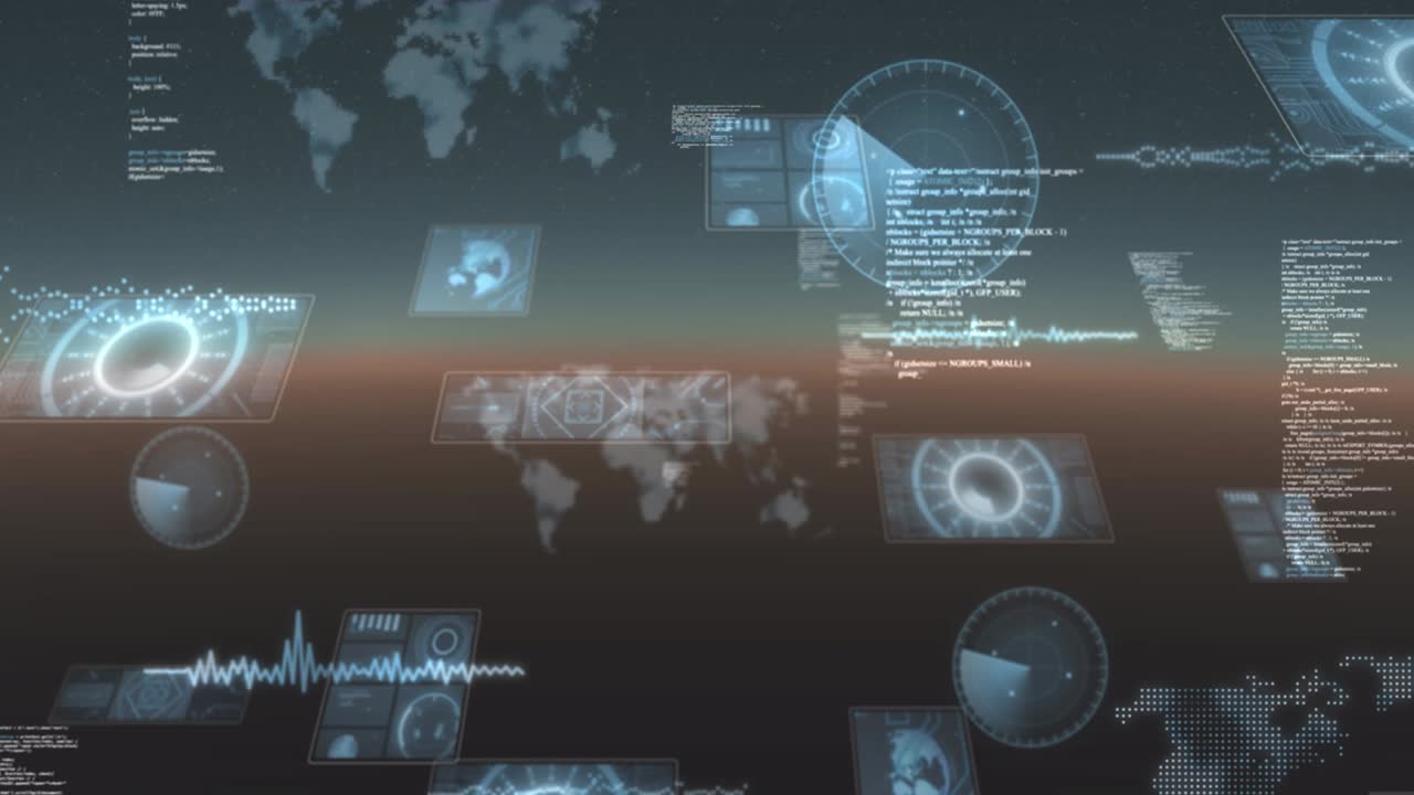 formas abstractas púrpuras contra múltiples escáneres redondos y procesamiento de datos sobre fondo azul