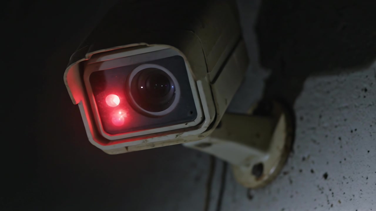 Powering mounted surveillance camera pulsing red LEDs on speckled bracket indicating recording