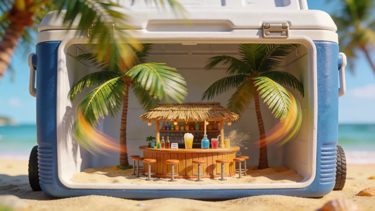 Frasche di palma che si muovono con la brezza davanti a un frigo portatile blu e bianco, rivelando un tiki bar in miniatura con bottiglie.