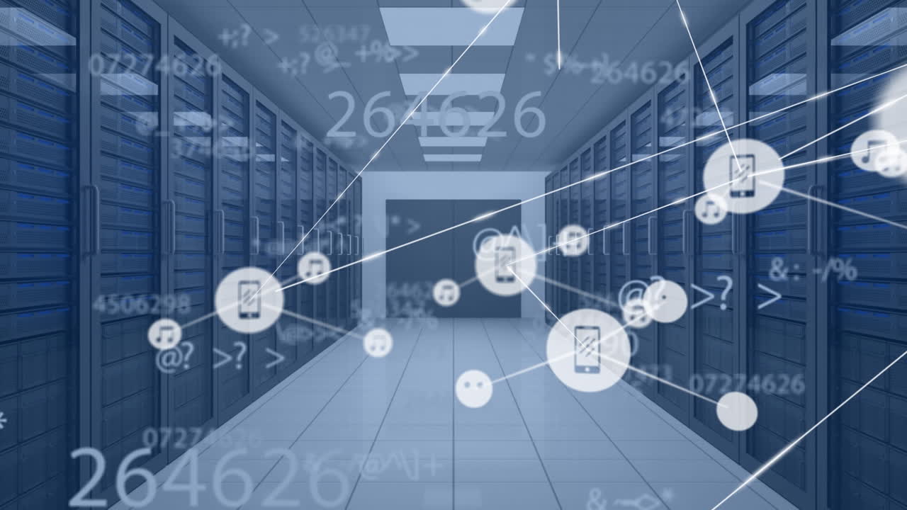 Animation of network of connections with icons and data over computer servers