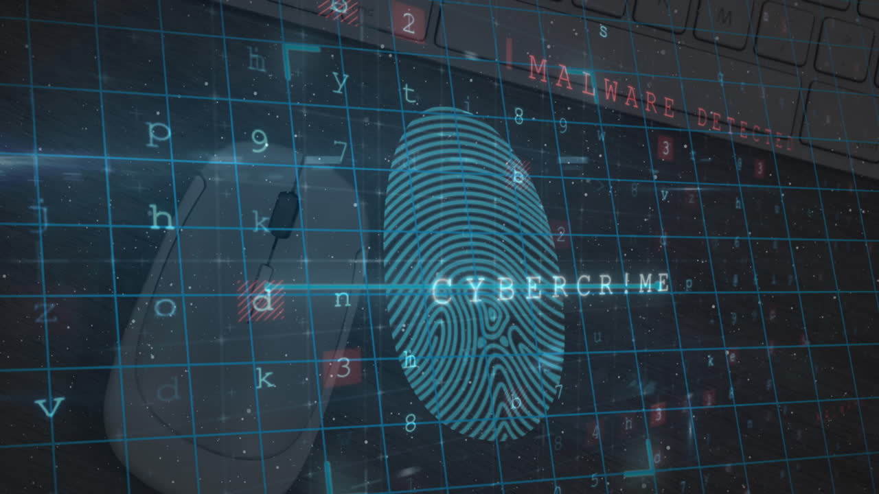 Biometric fingerprint scanner and security padlocks against close up of a mouse and computer server