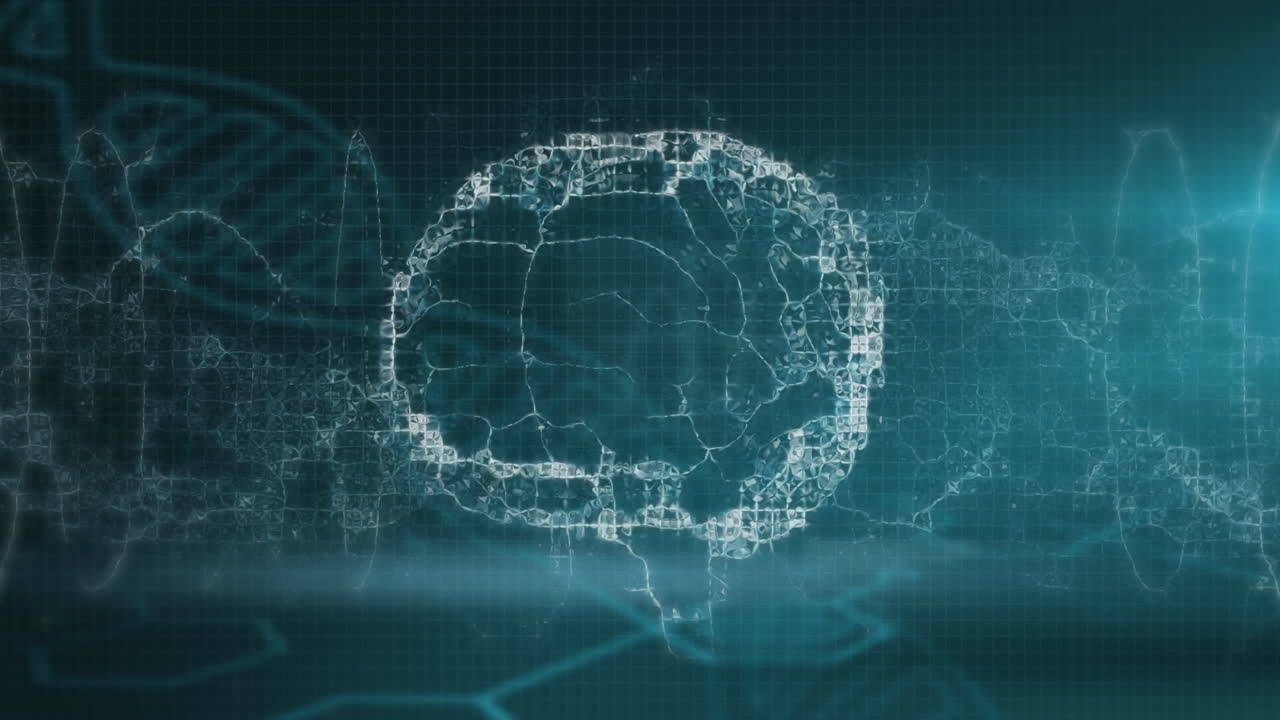 Animation of human brain moving over a strand of DNA on blue background