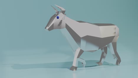 low poly metal cow with blue eyes waddles on blue background, loop, 3d rendering