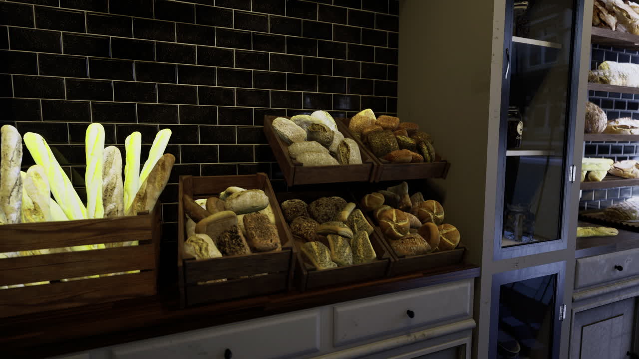 Freshly baked bread displayed in rustic wooden crates inside a bakery