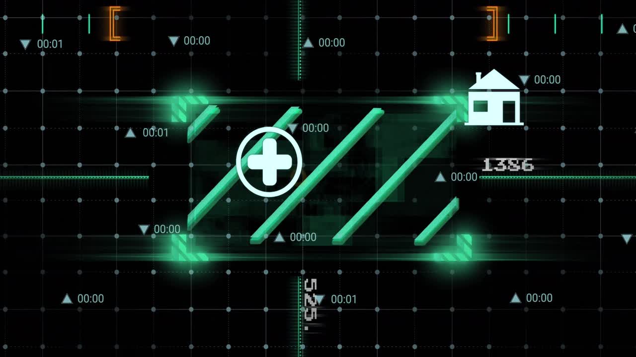 다중 디지털 아이콘의 애니메이션과 검은 바탕에 그리드 네트워크를 통해 스캐너 스캐닝