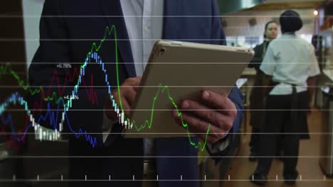 procesamiento de datos financieros contra la sección media del gerente usando tableta digital en la cocina del restaurante