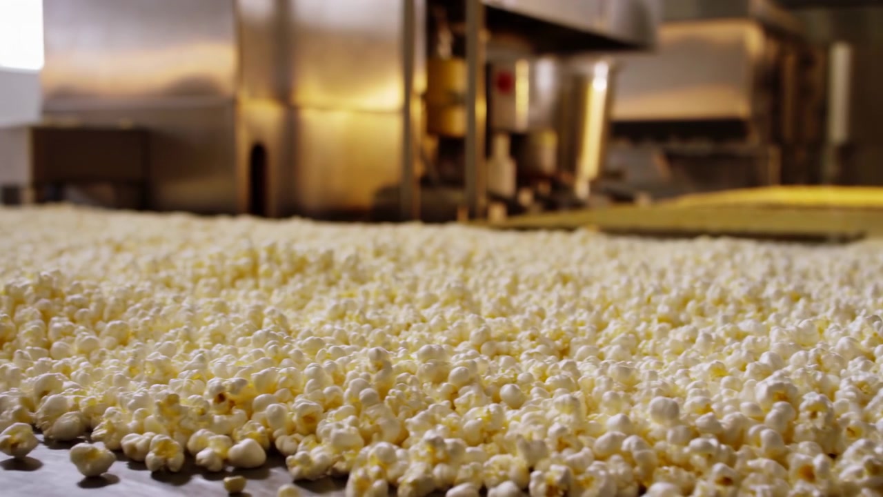 Close up motion scene showing large volume of freshly popped popcorn moving along wide production conveyor inside commercial food facility, with stainless steel machinery, clean surfaces and warm