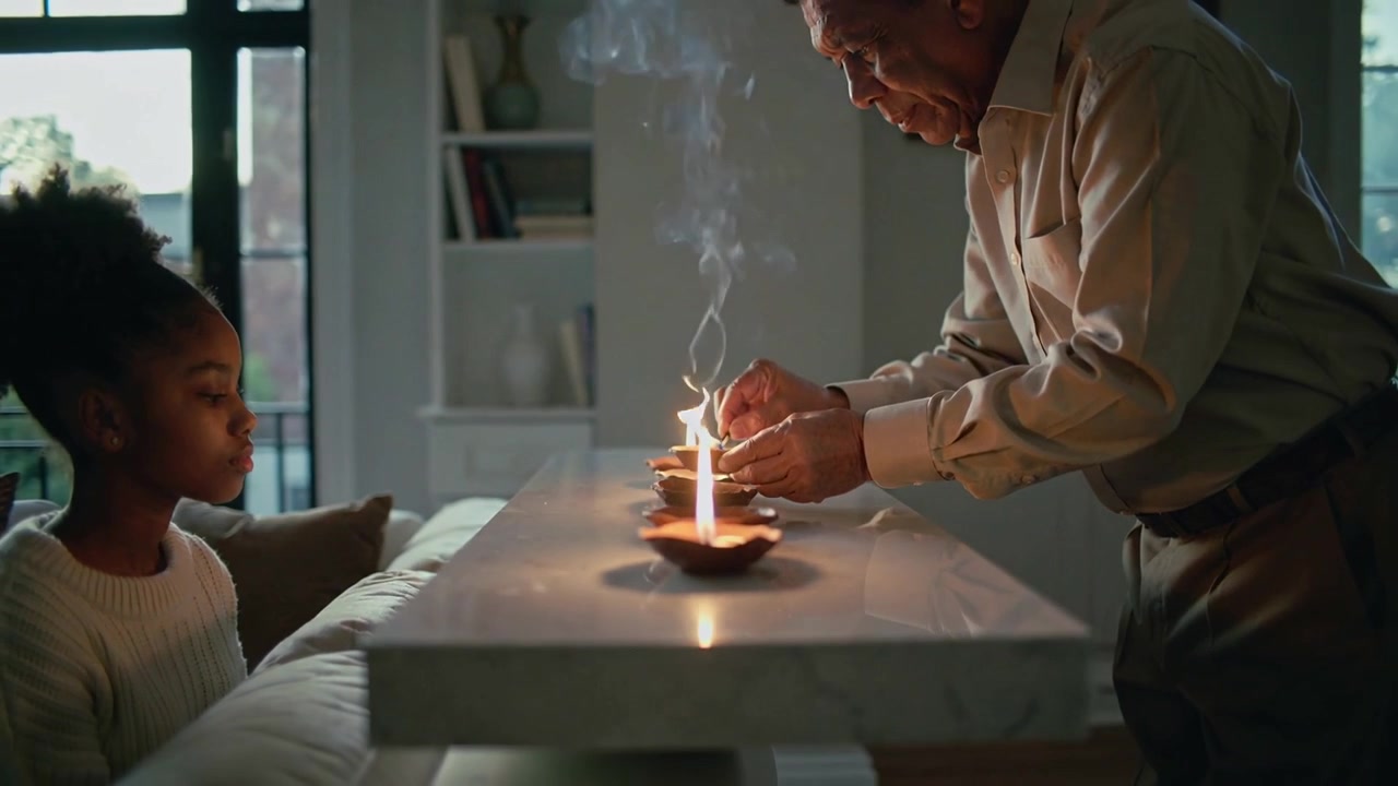 Lighting senior man passing flame from single lit lamp across table for ritual, child watching left