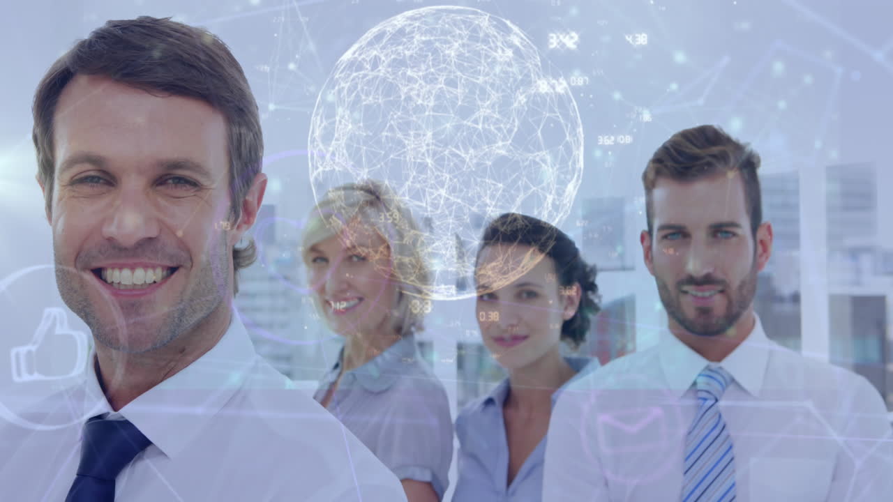 animación del procesamiento de datos financieros sobre diversas personas de negocios en la oficina