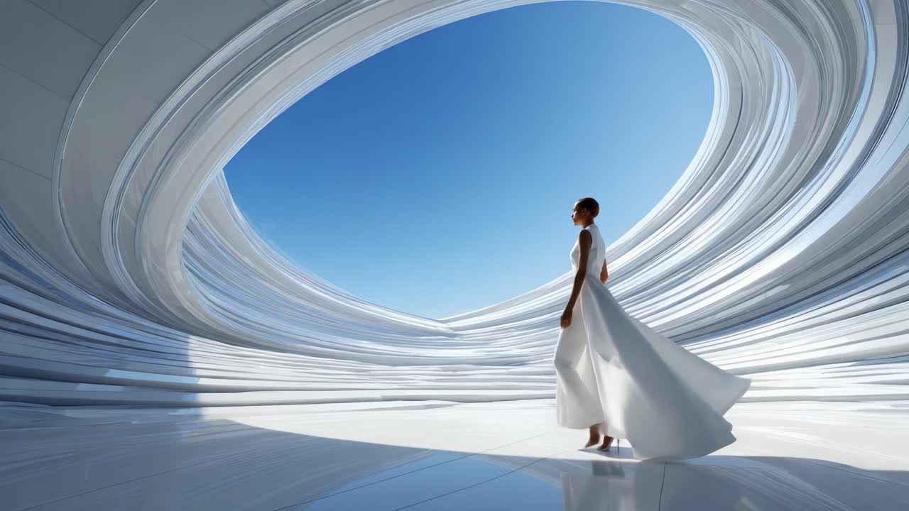 A figure in a flowing white dress stands gracefully within a surreal, swirling architectural space, embodying elegance and tranquility against the vast blue sky backdrop