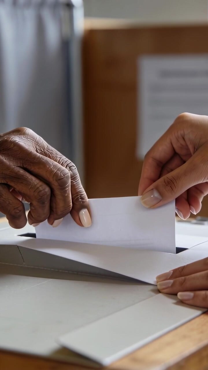 Vertical video: Lowering ballot to vote, voter and aide guiding into slot on drop box at table