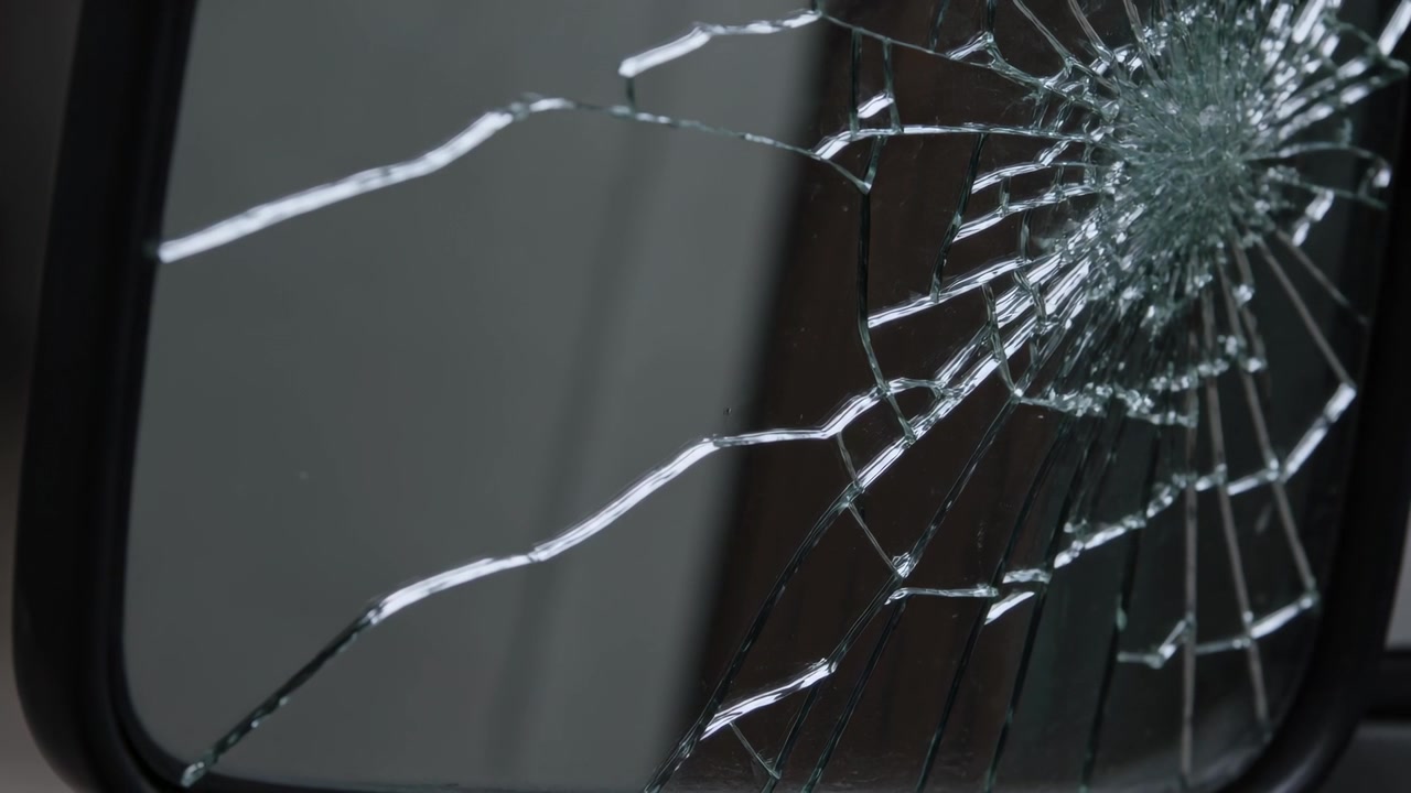 Cambio di messa a fuoco e riflessi di luce con telecamera in movimento che rivela il vetro rotto dello specchietto laterale di un'auto, con spazio per il testo.