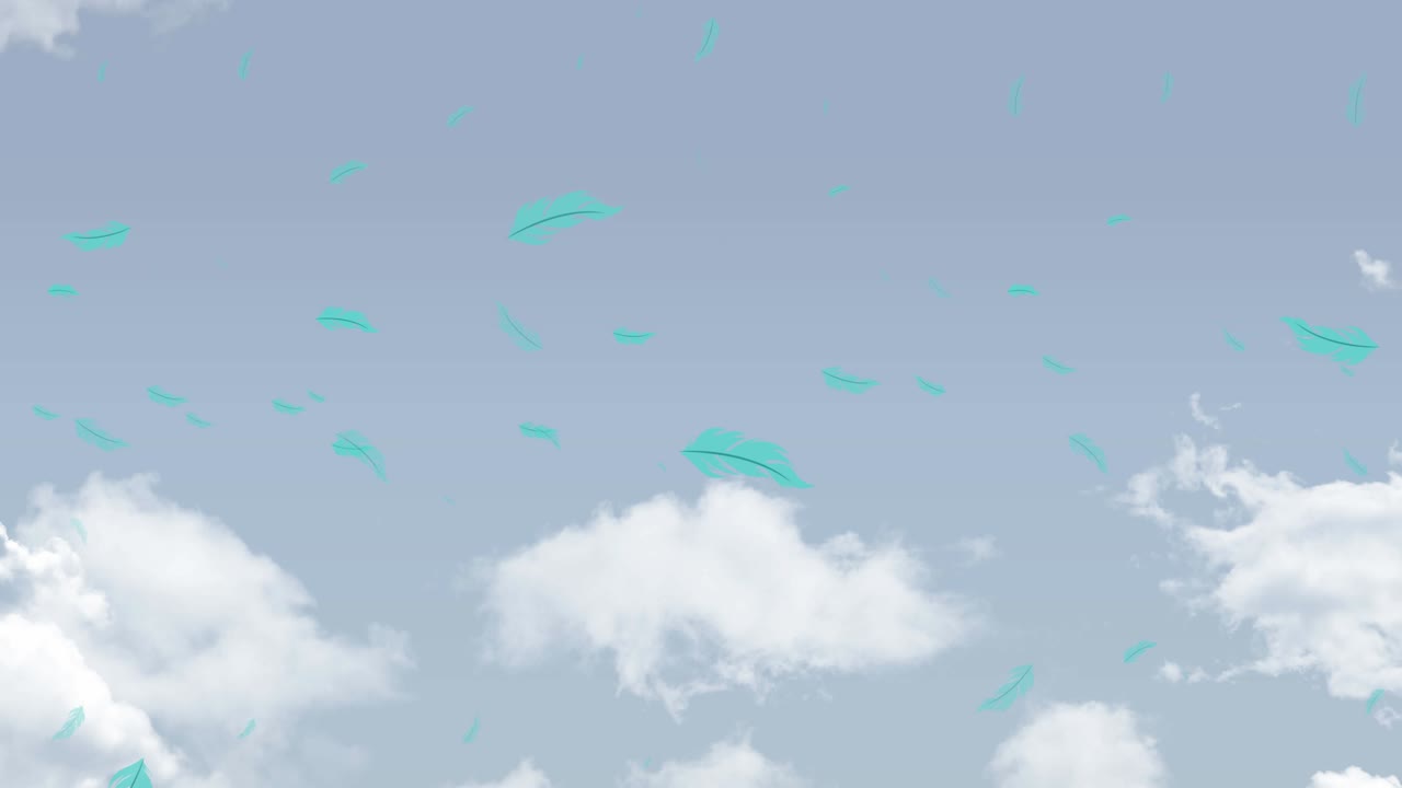 animación de plumas de pájaros azules que caen sobre el cielo azul nublado