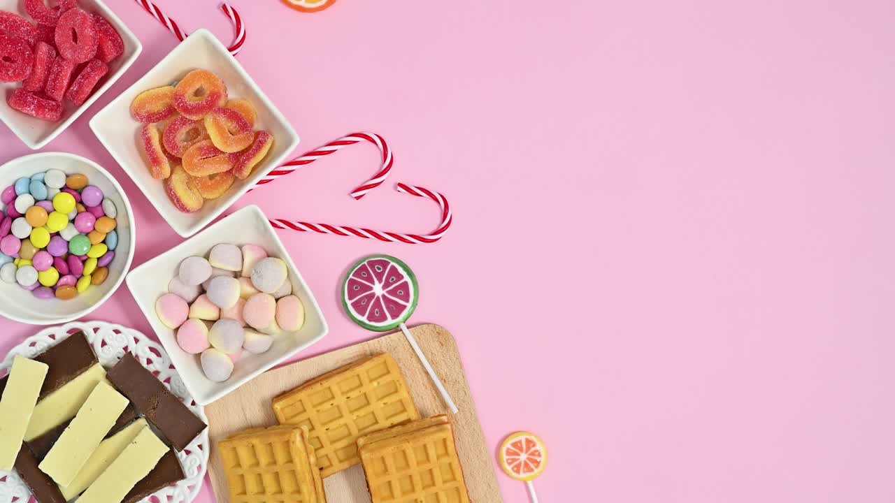 postres dulces, gofres, chocolates, dulces y piruletas aparecen en el lado izquierdo del tema rosa pastel.