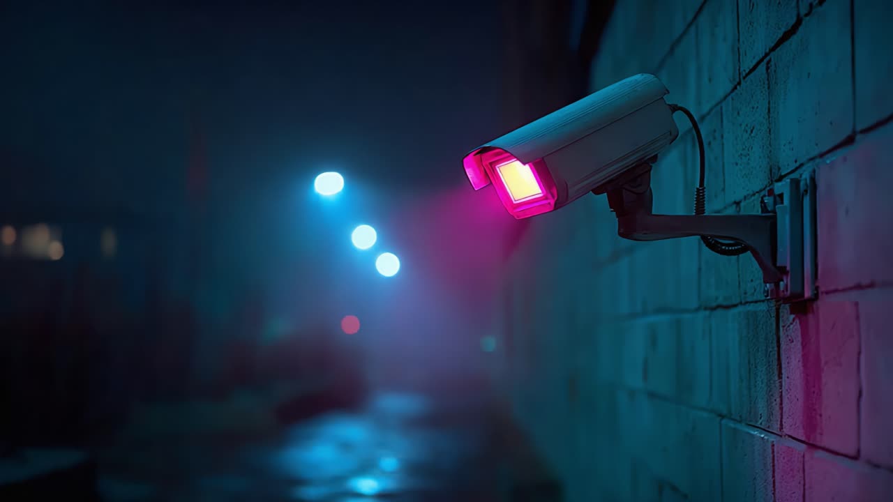 A surveillance camera stands vigil in a misty, dimly-lit environment, casting a pink glow amidst the shadows of the night, capturing the essence of urban security and vigilance