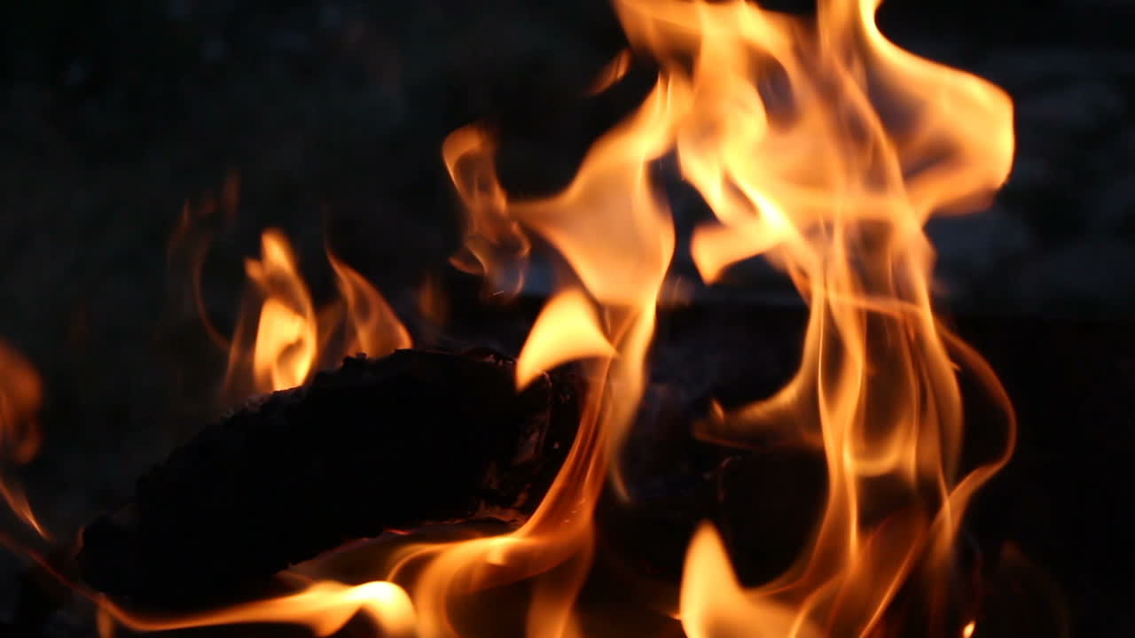 Primo piano di legna che brucia nel falò. Primo piano di un falò con fiamme arancioni e legna da ardere