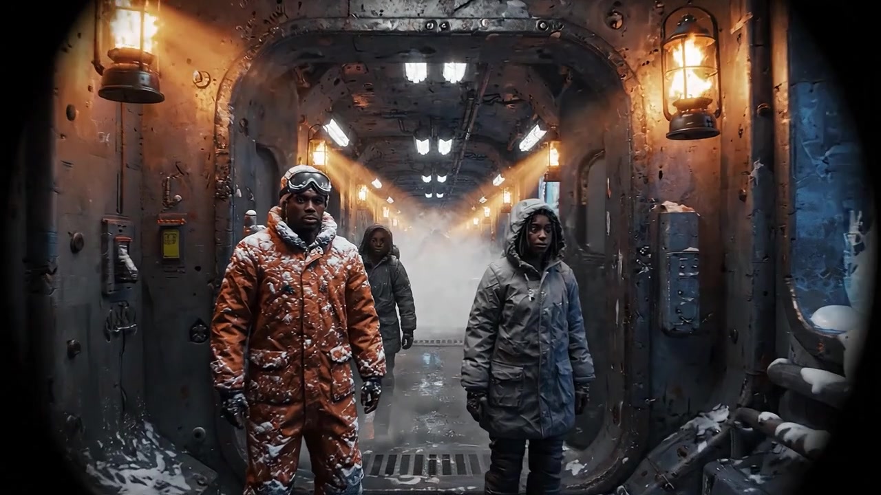 Exploring a Frozen Environment: Adventurers in Icy Survival Gear Navigate an Arctic Facility Amidst Fog and Snow, Highlighting the Ultimate Cold Weather Challenge