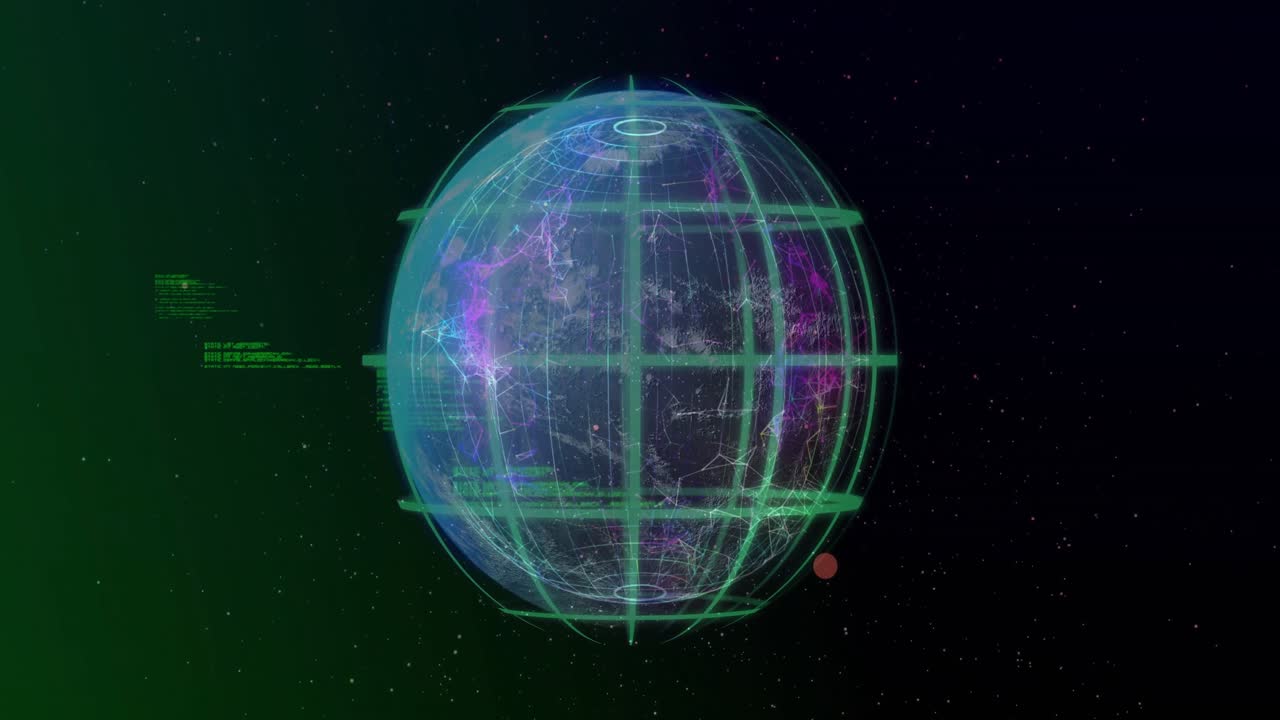 3D translucent globe floating in space showing green gridlines glowing network nodes code snippets