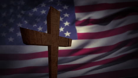 animation of christian cross over waving flag of usa