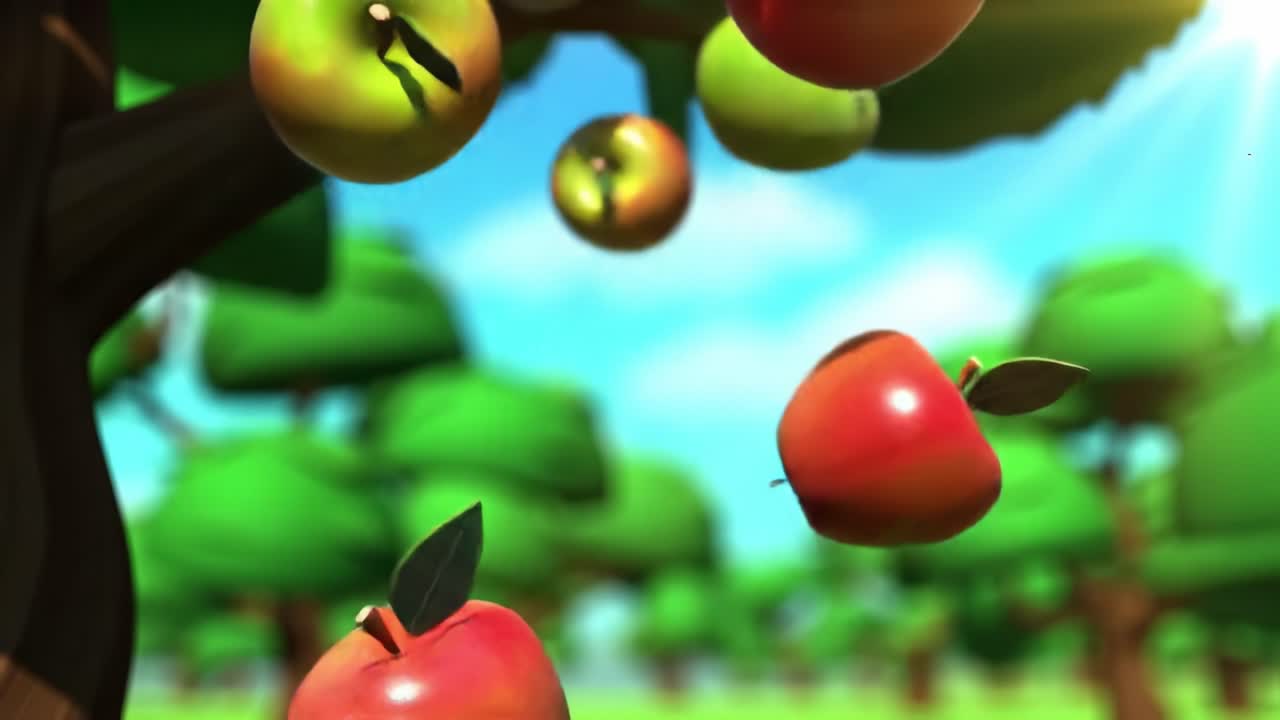 A Lively Orchard Scene: Juicy Apples Fall from a Tree Under Bright Sunlight in a Vibrant Green Landscape with lush Foliage and Clear Blue Skies