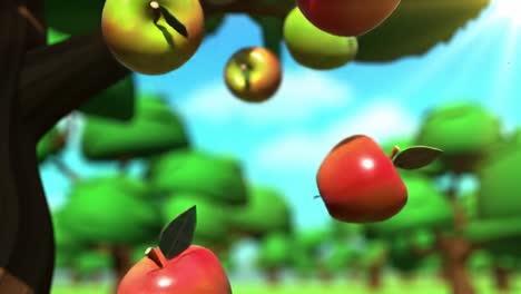 a lively orchard scene: juicy apples fall from a tree under bright sunlight in a vibrant green landscape with lush foliage and clear blue skies
