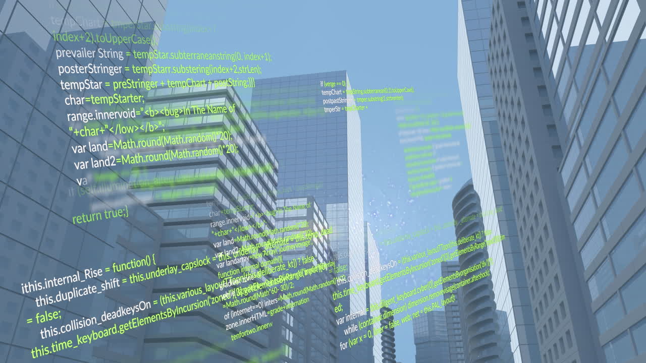 Animation of computer language over low angle view of modern buildings against sky