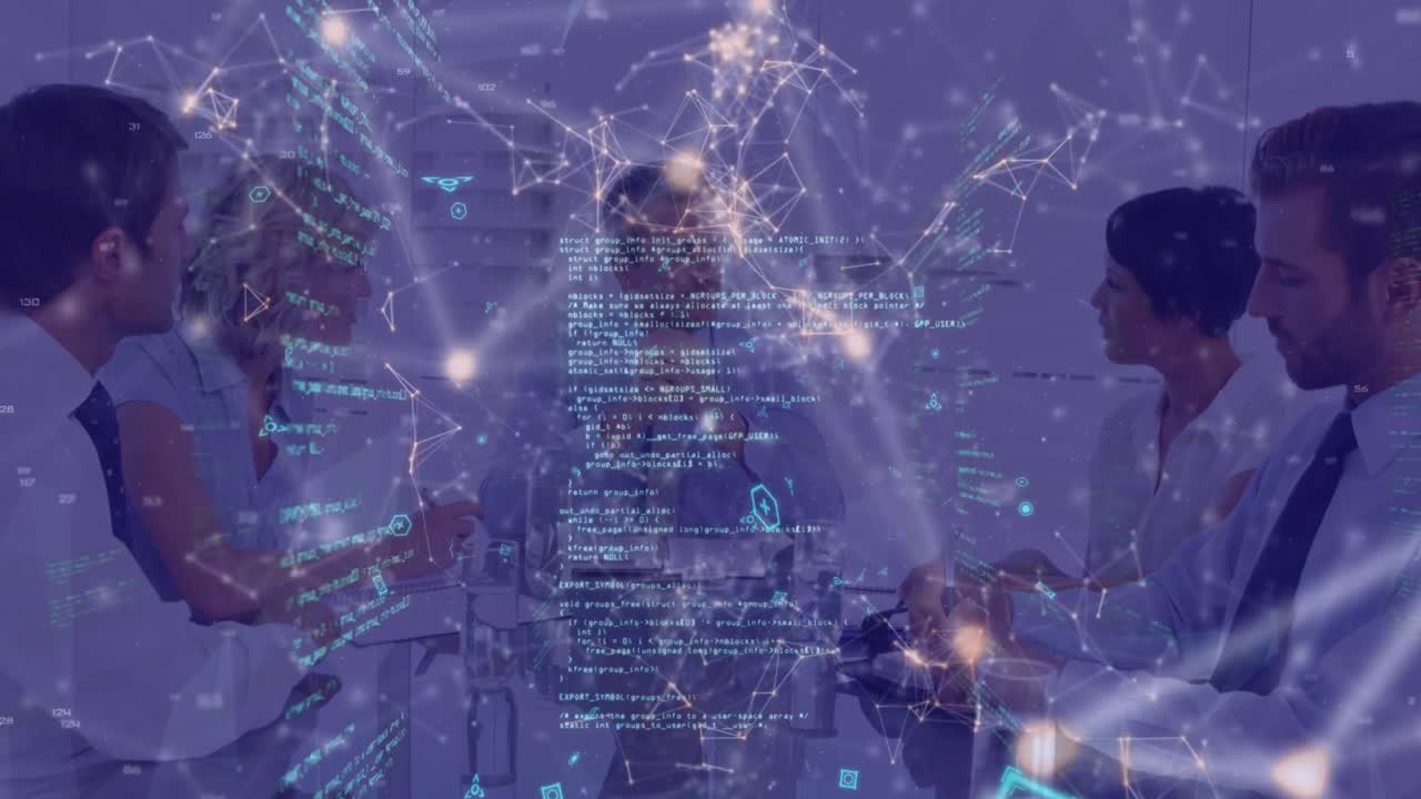 Animation of data processing over diverse business people in office