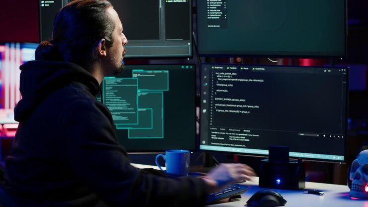 Hacker typing fast on keyboard, rushing to finish developing spyware software