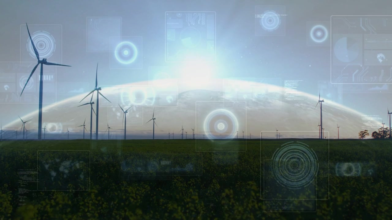 Wind turbines rotating, sunrise brightening arc and activating HUD overlays for energy monitoring