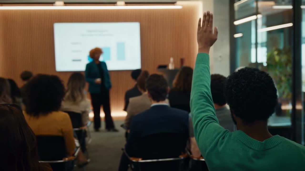 Un fermo immagine del video mostra una vista posteriore di un pubblico che guarda una presentazione in una moderna sala conferenze